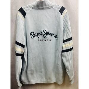 Pepe Jeans London Vintage Cardigan Men Sweater Logo Spell Out Size XL Blue